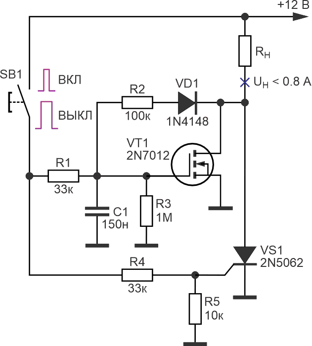 Тиристорный коммутатор нагрузки с однокнопочным управлением с использованием полевого транзистора.