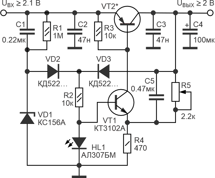 Электрическая принципиальная схема стабилизатора напряжения на двух транзисторах.