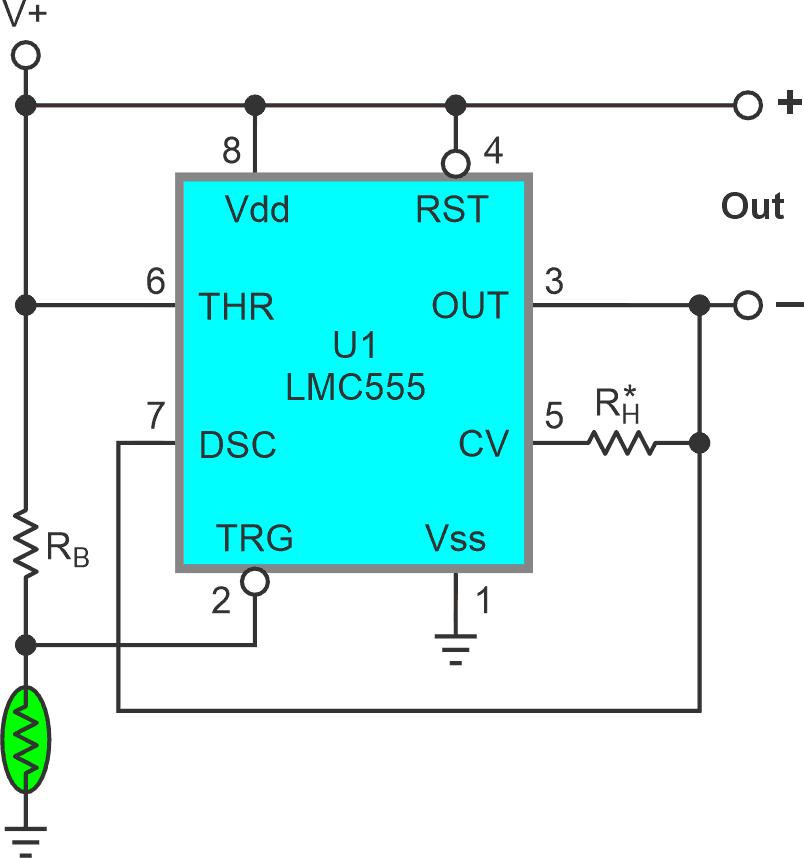 Basic bang bang heating configuration. Setpoint thermistor resistance = RB/2. Optional RH sets desired temperature hysteresis. Output rated at up to 15 volts and 300 mA = 4.5 W.