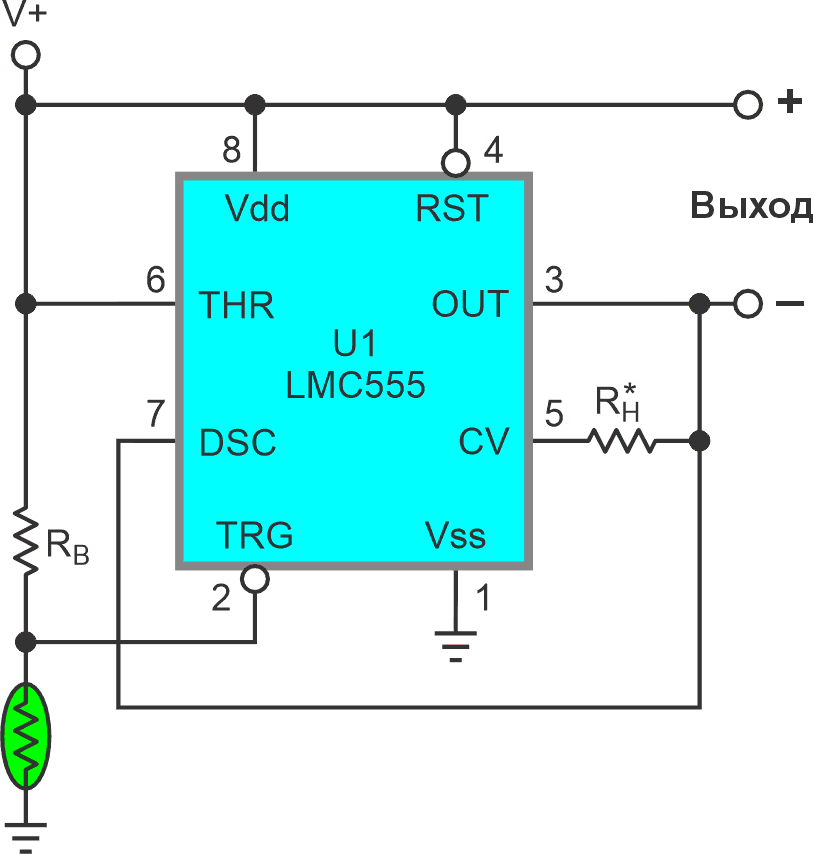 Базовая конфигурация релейного нагревателя. Пороговое сопротивление термистора равно RB/2. Необязательный резистор RH устанавливает желаемый температурный гистерезис. Номинальная выходная мощность составляет 4.5 Вт (15 В, 300 мА).