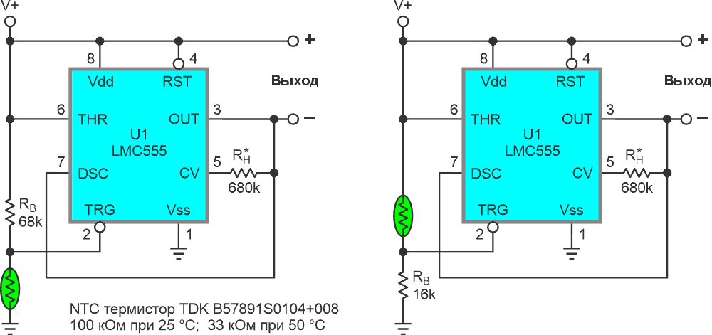 Базовая конфигурация релейного нагревателя. Пороговое сопротивление термистора равно RB/2. Необязательный резистор RH устанавливает желаемый температурный гистерезис. Номинальная выходная мощность составляет 4.5 Вт (15 В, 300 мА).