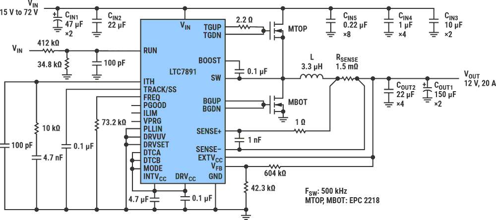 The LTC7891 step-down (buck) converter schematic.