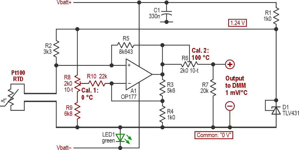 Adding a biasing network to A1 allows its output to be at 0 mV (common) when sensing 0 &deg;C, and to swing negative for lower temperatures.