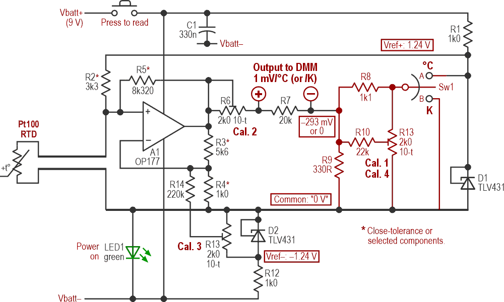 Referring the output from the amplifying stage to either a positive reference or to common allows the indication to be switched between Celsius and Kelvin.