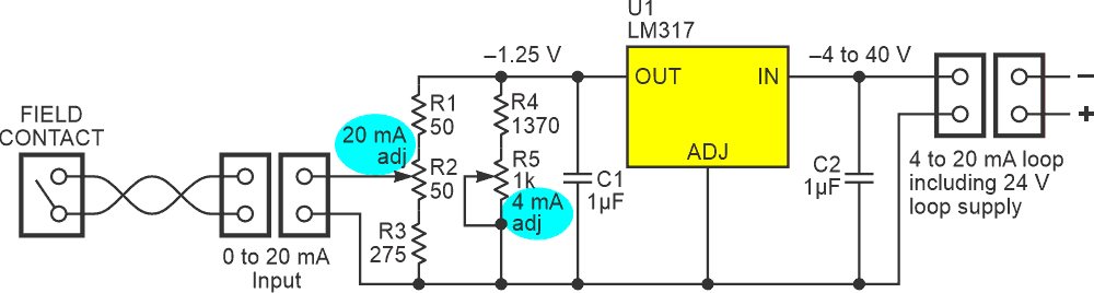 Field contact OFF/ON to 4/20 mA current loop converter.