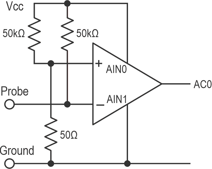Equivalent circuit of the Tiny Continuity Tester using the ATtiny202 analogue comparator.