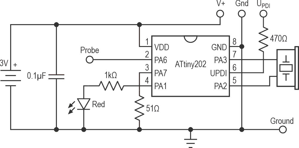 Circuit of the ATtiny202-based Tiny Continuity Tester.