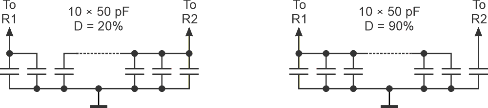 Sensor operation is simulated with a bank of 10 capacitors.