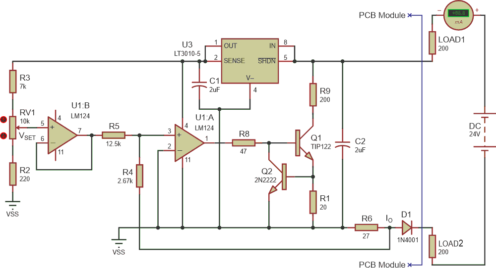 With this linearly adjustable two-wire current source, RV1 is adjusted to set the current, and either LOAD1 (source) or LOAD2 (sink) can be connected.
