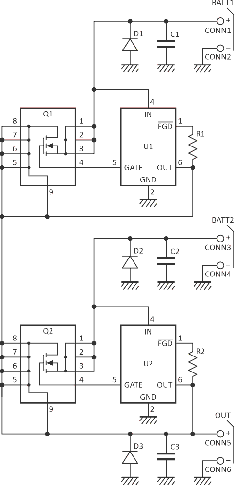 The circuit of the automatic battery switch.