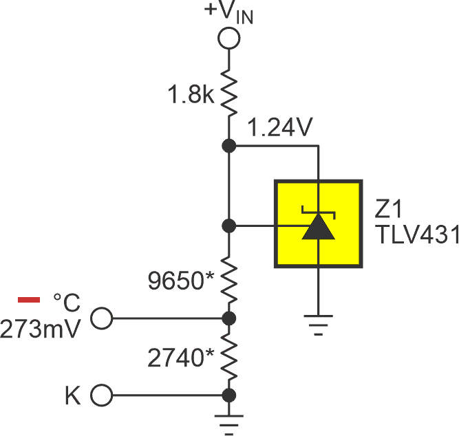 This precision voltage reference converts Kelvin to Celsius.