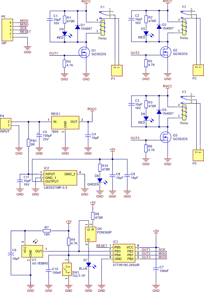 Schematic diagram of the infrared remote control decoder/switcher board.