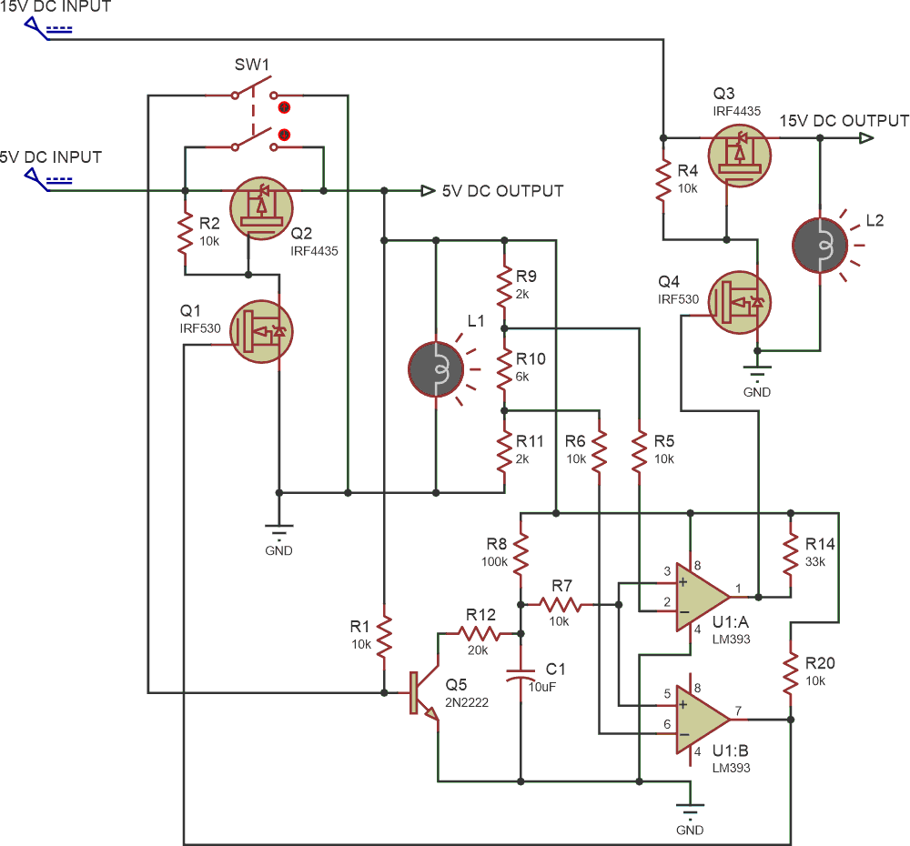 A simple analog circuit controls the powerup and shutdown sequencing of two power supplies.