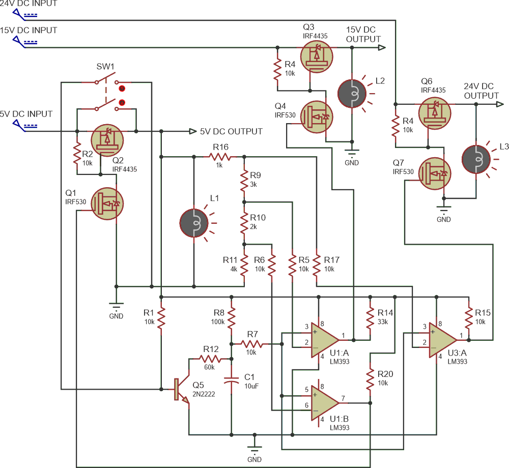 An analog circuit derived from the previous one controls the powerup and shutdown sequencing of three power supplies, with the concept further as-needed expandable.