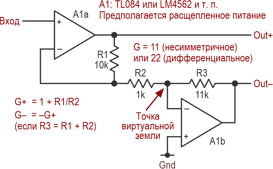 Резисторы R1 и R2 помогают устанавливать коэффициенты усиления как неинвертирующего, так и инвертирующего каскадов, обеспечивая превосходное согласование противофазных выходов с минимальным количеством компонентов.
