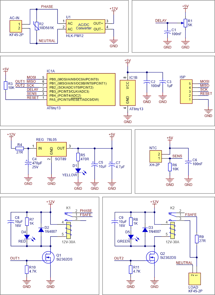 Schematic diagram of the 30 A AC Soft Starter (Inrush current limiter).