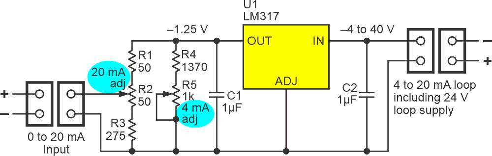 U1 plus R1 through R5 current steering networks convert a 0/20 mA input into a 4/20 mA output.