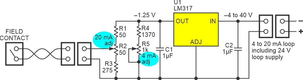 This 4/20 mA current loop converter integrates an OFF/ON field contact.