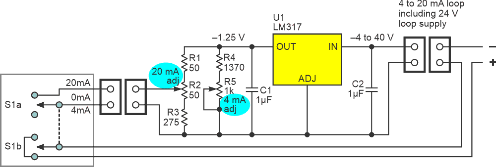 The three-position, center-off, DPDT switch S1 converts this current converter (verbiage redundancy pun-intentional) into a convenient current calibrator.