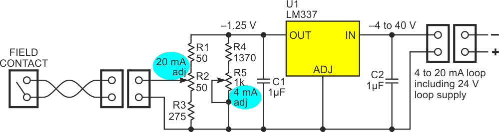 This 4/20 mA current loop converter integrates an OFF/ON field contact.