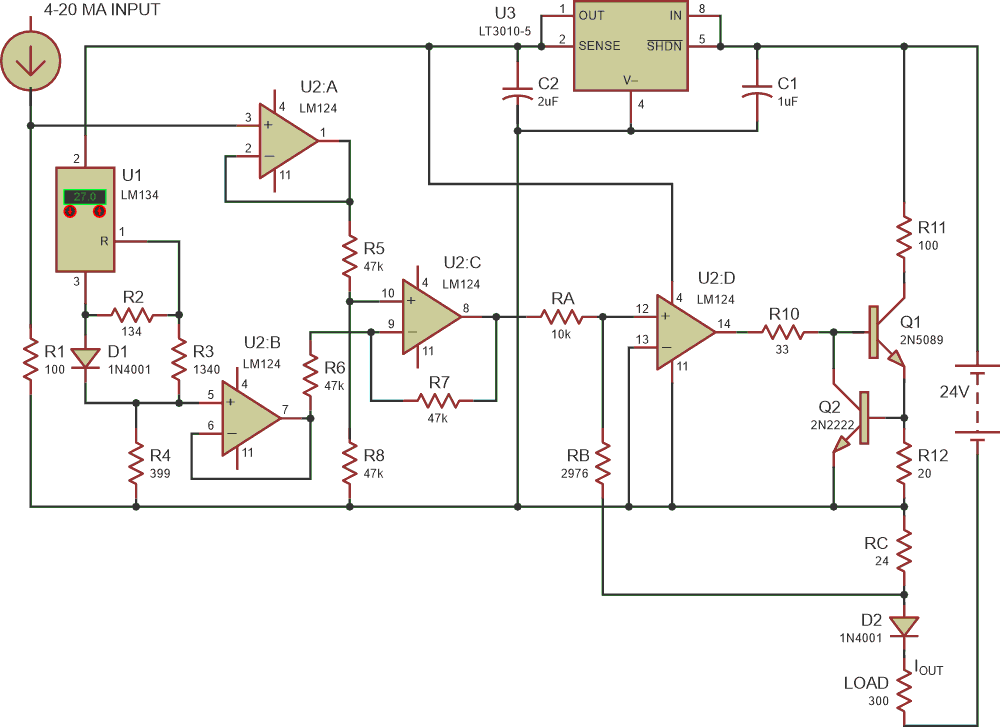 In this 4/20 mA to 0/20 mA converter for grounded loads, R4 and RB can be replaced by multi-turn potentiometers for tuning purposes.