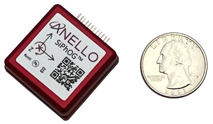 This silicon photonics optical gyroscope uses an on-chip waveguide manufacturing process that is integrated with a patented silicon photonic IC.