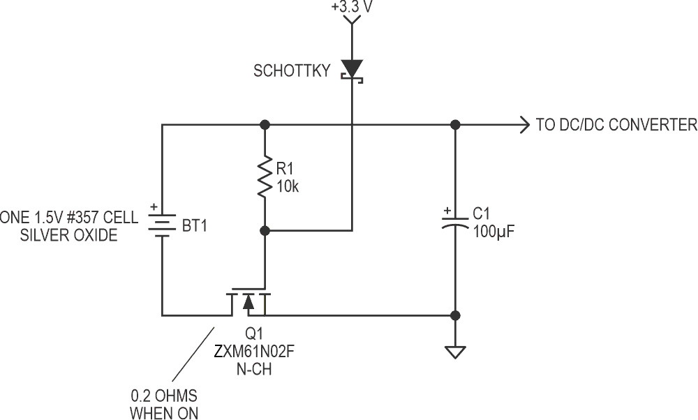 Circuit protects from battery polarity reversal