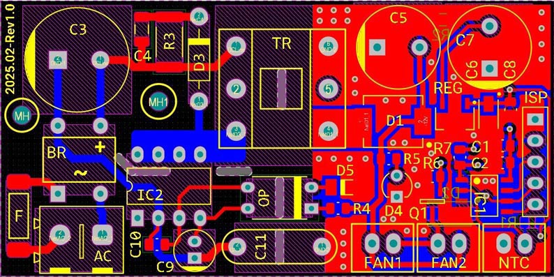 PCB layout of the temperature-controlled dual-fan cooling circuit.