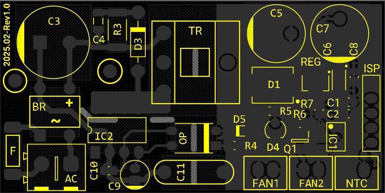 PCB layout of the temperature-controlled dual-fan cooling circuit.