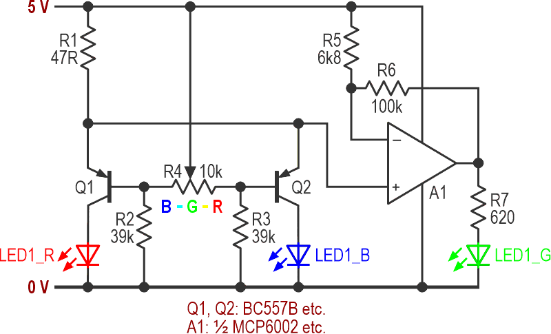 Rearranging the circuit and adding an op-amp to drive the green LED gives better, more linear control of the LED currents.