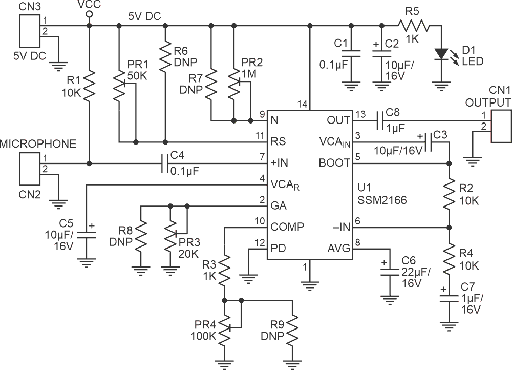 Schematic diagram of a microphone preamplifier.