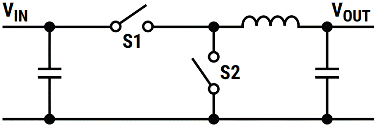 The topology of a downconverting switching regulator without a transformer.