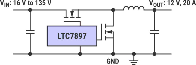 The LTC7897 buck controller with up to 135 V permissible operating voltage (simplified circuit).