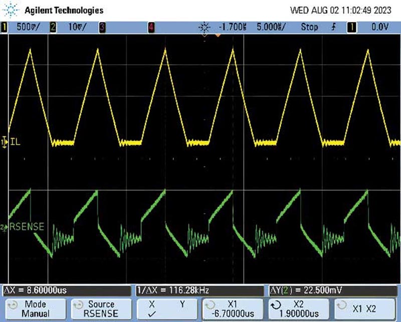 Undersized inductor output waveform. Ringing can also be observed in the switch node if the inductor current is inaccessible.