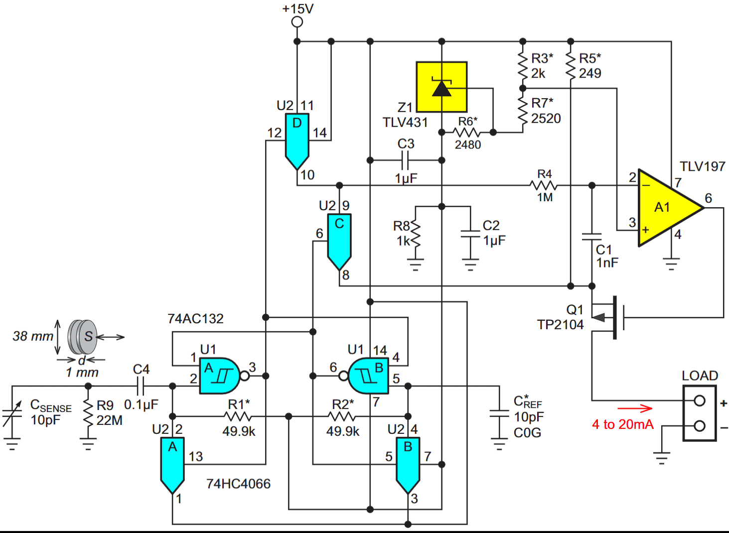 Dangling the TLV431 shunt voltage reference Z1 from the 15 volt supply is a shortcut toward implementing a noise- and cable length- tolerant current mode output.
