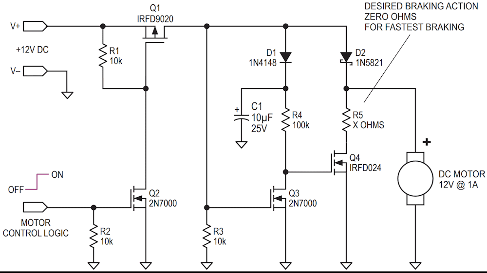 Logic controlled 12V DC motor with automatic brake