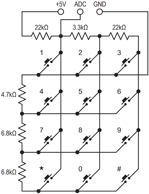 The circuit of the one-input numeric keypad, which uses a network of six resistors.