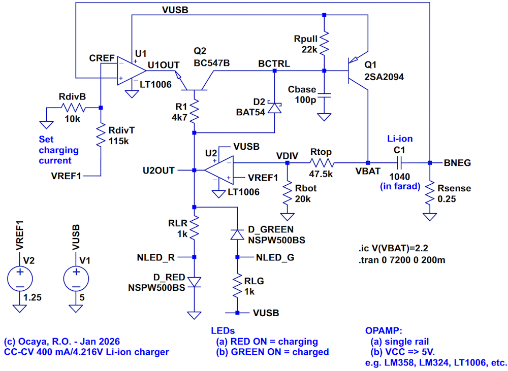 Schematic of the dual-loop linear Li ion charger. The schematic shows the key nodes that are referenced and plotted in the LTSpice simulation. In practice, a 1N4007 diode for D2 also worked well.