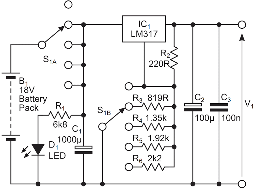 The power supply schematic with four selectable output voltages - 6, 9, 12, and 13.8 V.