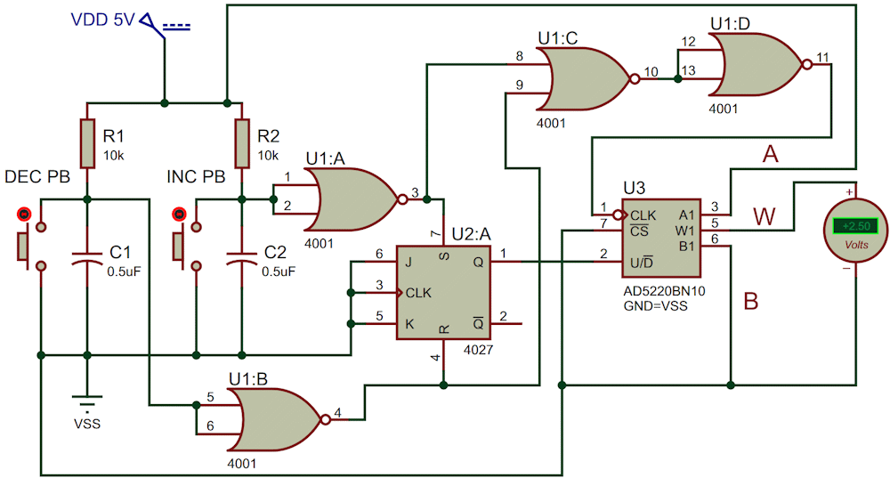 Push to increase, decrease a digital potentiometer