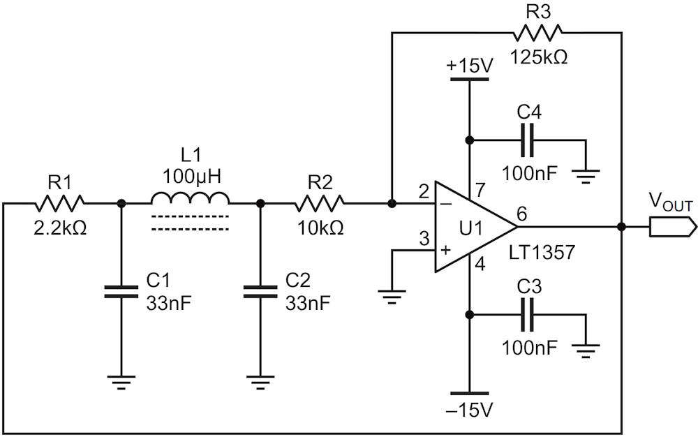 This simple LC oscillator uses an op-amp and the intrinsic losses of the resonant tank to generate a stable low-distortion 20 Vpp sine wave without AGC.