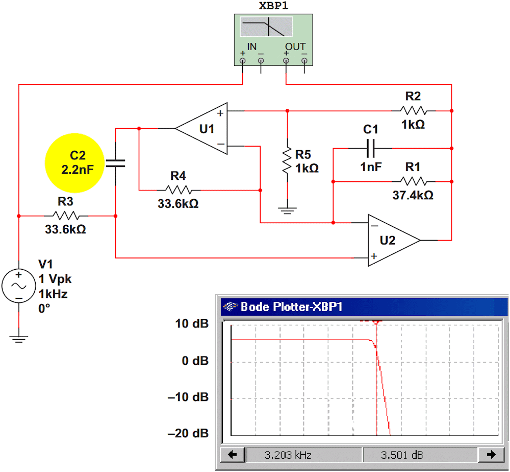 This SPICE simulation of the modified low-pass filter circuit is absent any peaking.
