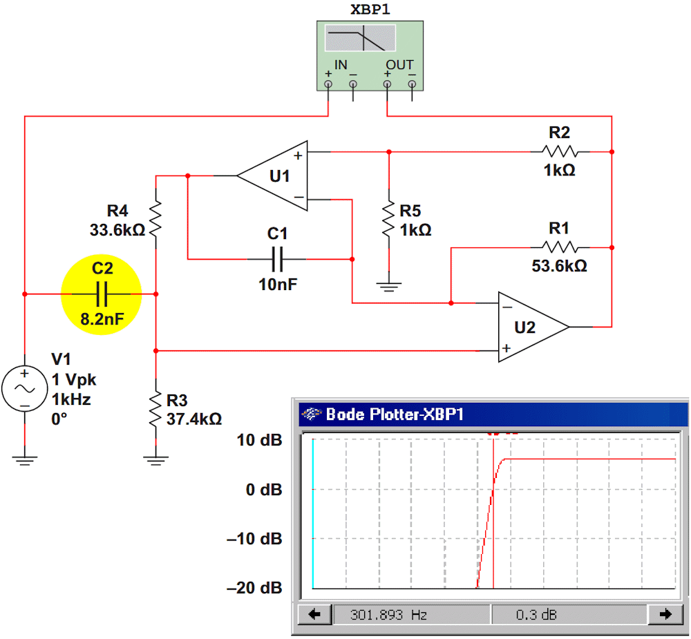 This SPICE simulation of the modified high-pass filter circuit is also absent any peaking.