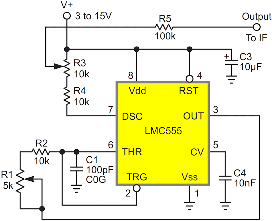 This 455 kHz intermediate frequency beat frequency oscillator is tuned by R1. The amplitude of the injected IF signal is adjusted by R3. It works happily with a wide range of supply voltages and so needs no regulator.