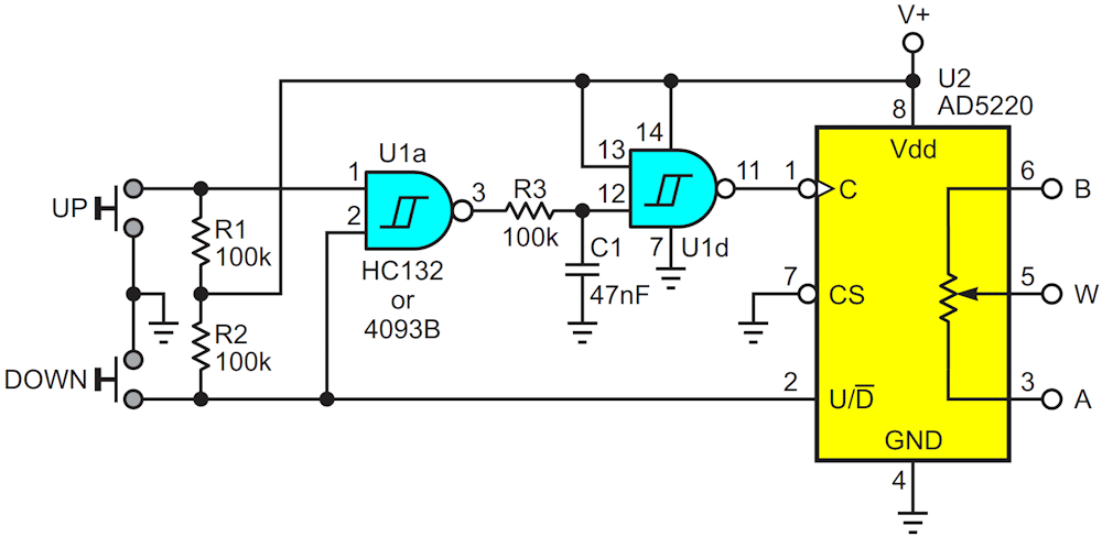 This pushbutton-to-digital-potentiometer interface is optimal for impatient people.