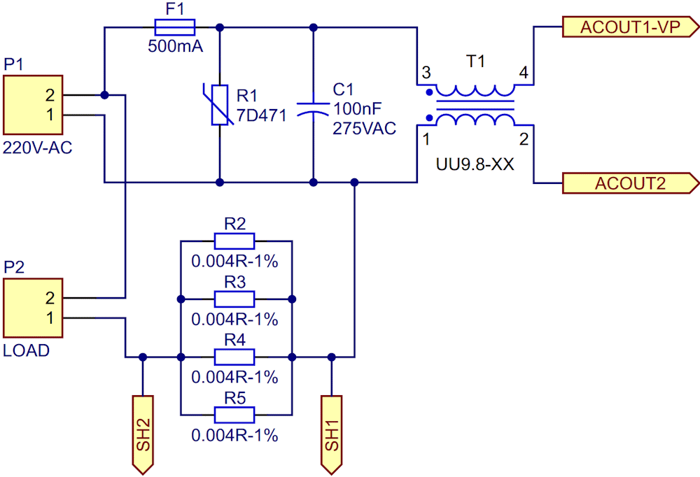 Schematic diagram of the AC input, load terminal, shunt resistor, and input protection.