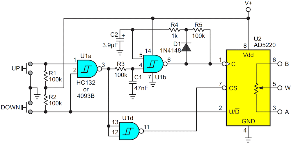 When a button is pushed down and held, the R5C2 time constant begins running. About a half second later, if the hold is still being held, the U1b multivibrator starts up, generating auto-repeating pulses at roughly 4 Hz for as long as the hold-down continues.