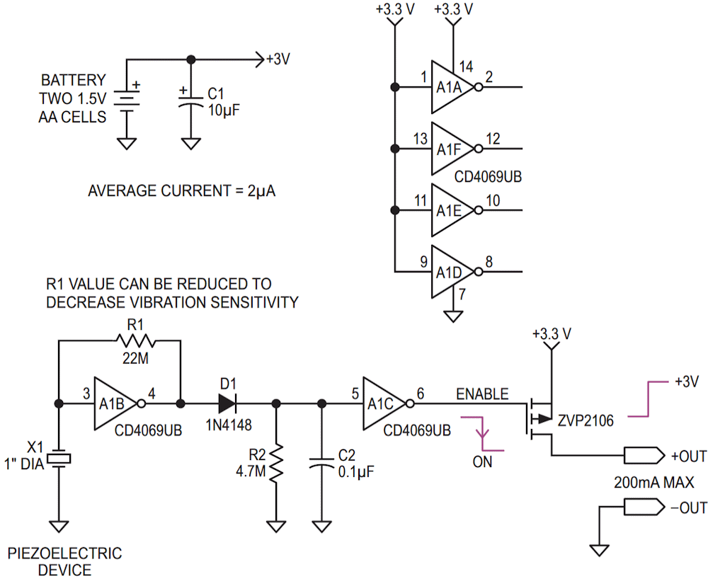 Piezoelectric vibration sensor activates switch