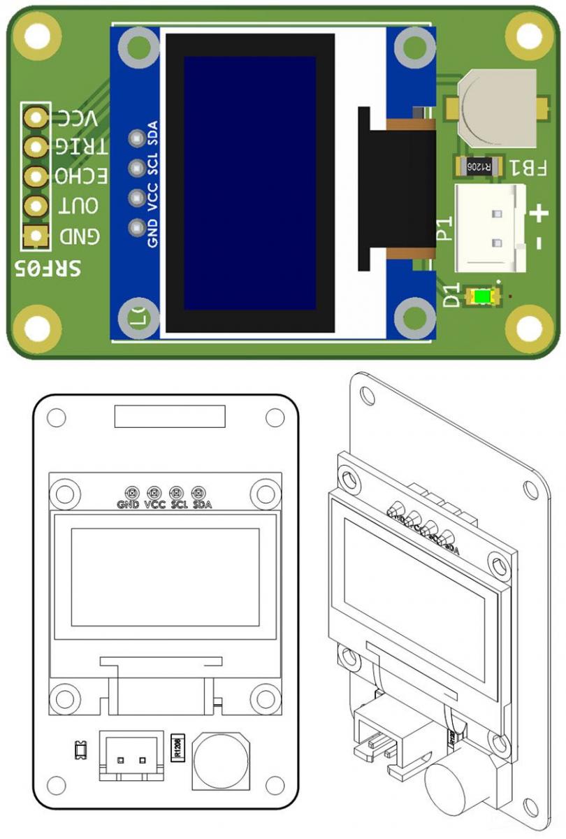 A 3D view and two assembly drawings of the PCB board.