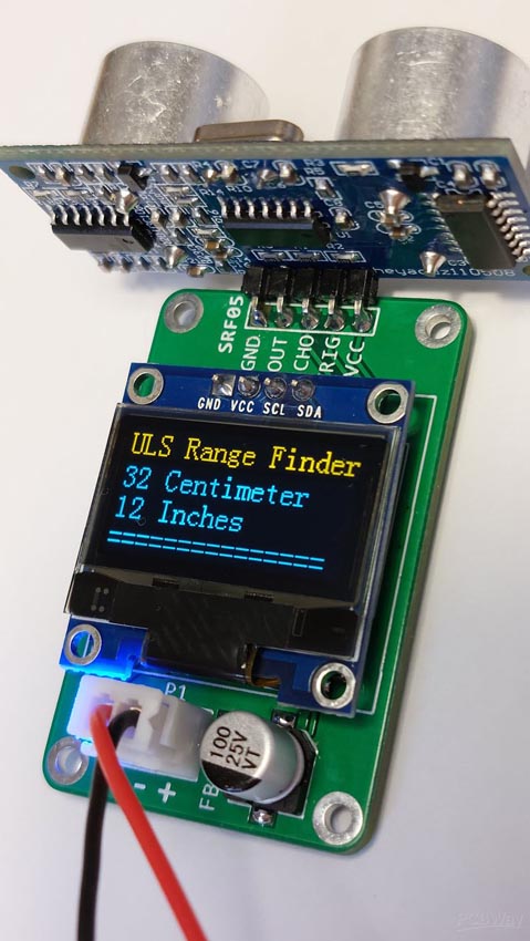 Assembled PCB board of the ultrasonic range finder.
